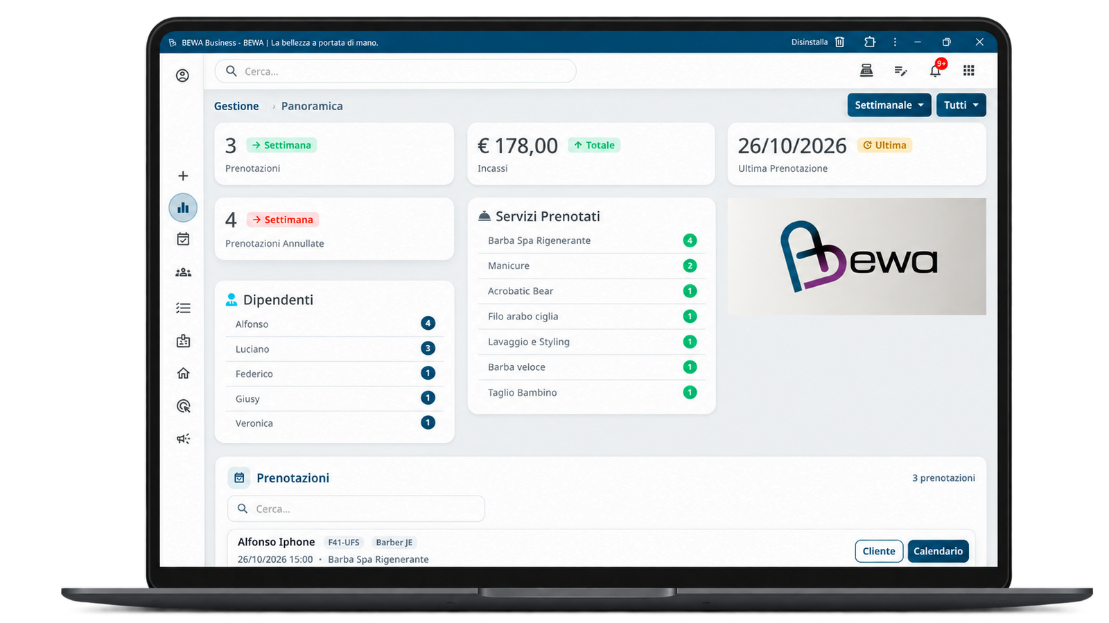 Dashboard del gestionale BEWA Business su notebook