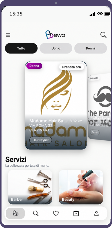 Schermata dell'app BEWA con professionisti e servizi